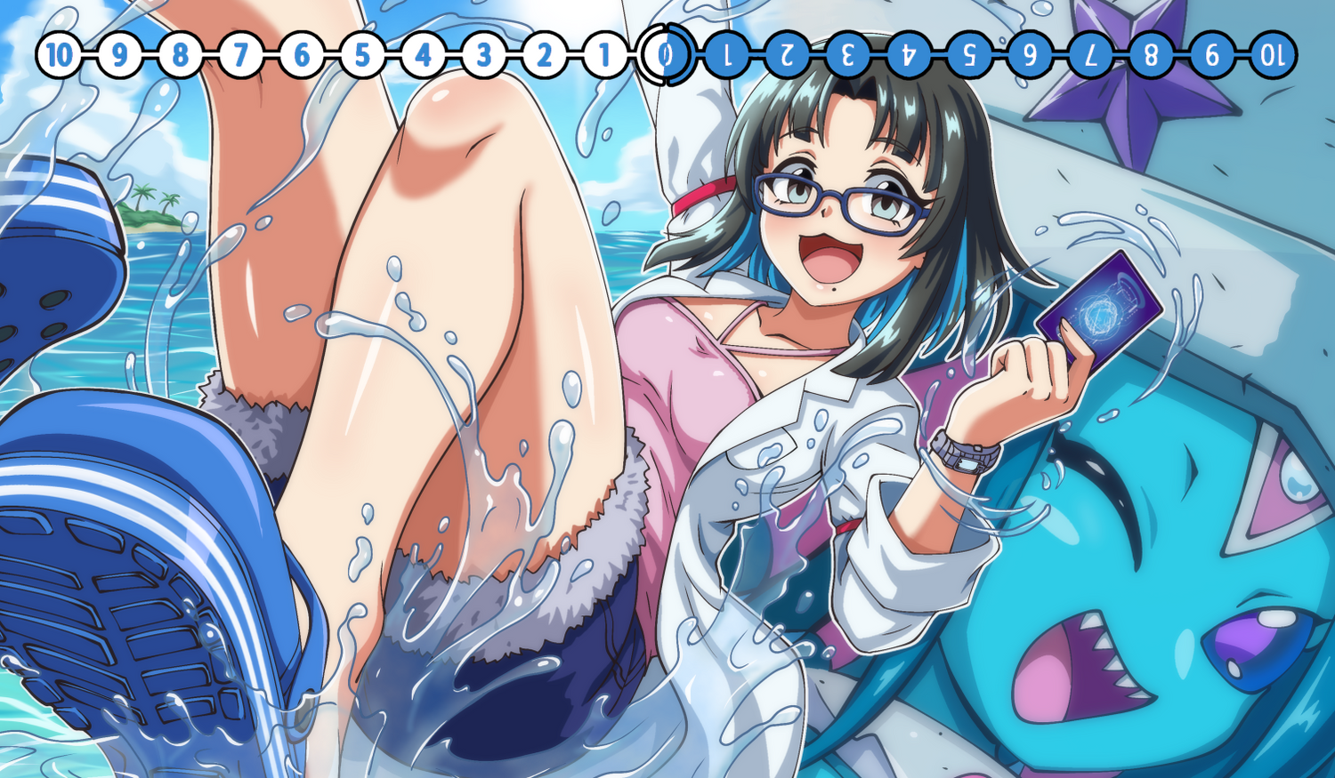 Animated character with glasses holding a phone, surrounded by water and colorful elements