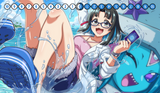 Animated character with glasses holding a phone, surrounded by water and colorful elements