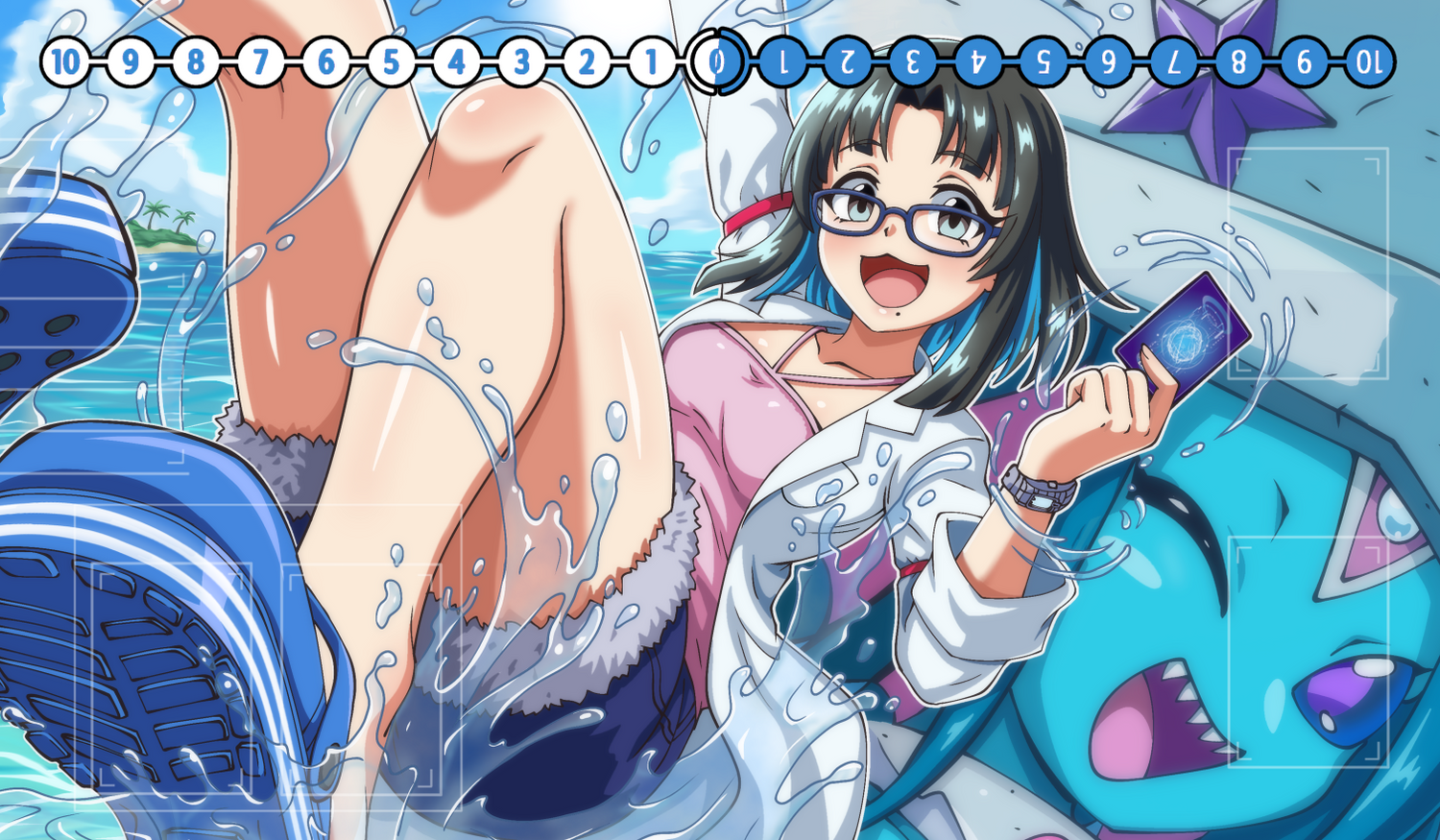 Animated character with glasses holding a phone, surrounded by water splashes and colorful elements.