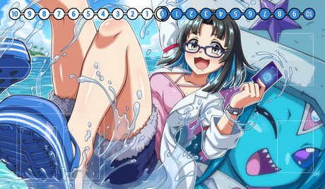Animated character with glasses holding a phone, surrounded by water splashes and colorful elements.